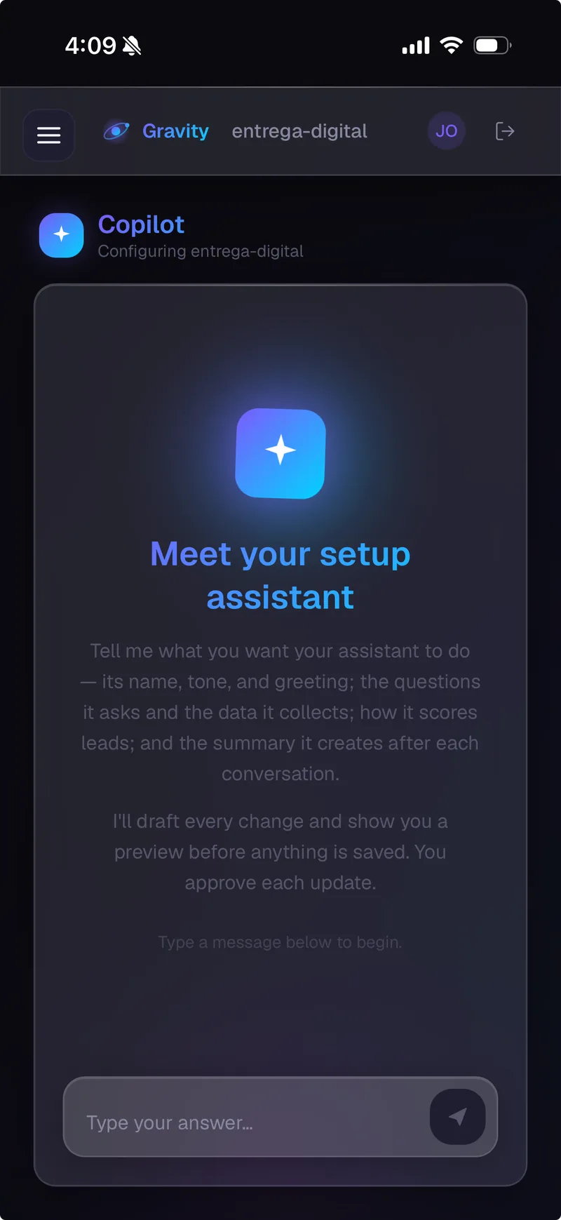 Gravity's setup assistant guiding a business owner through configuring their AI, with a preview shown before anything is saved