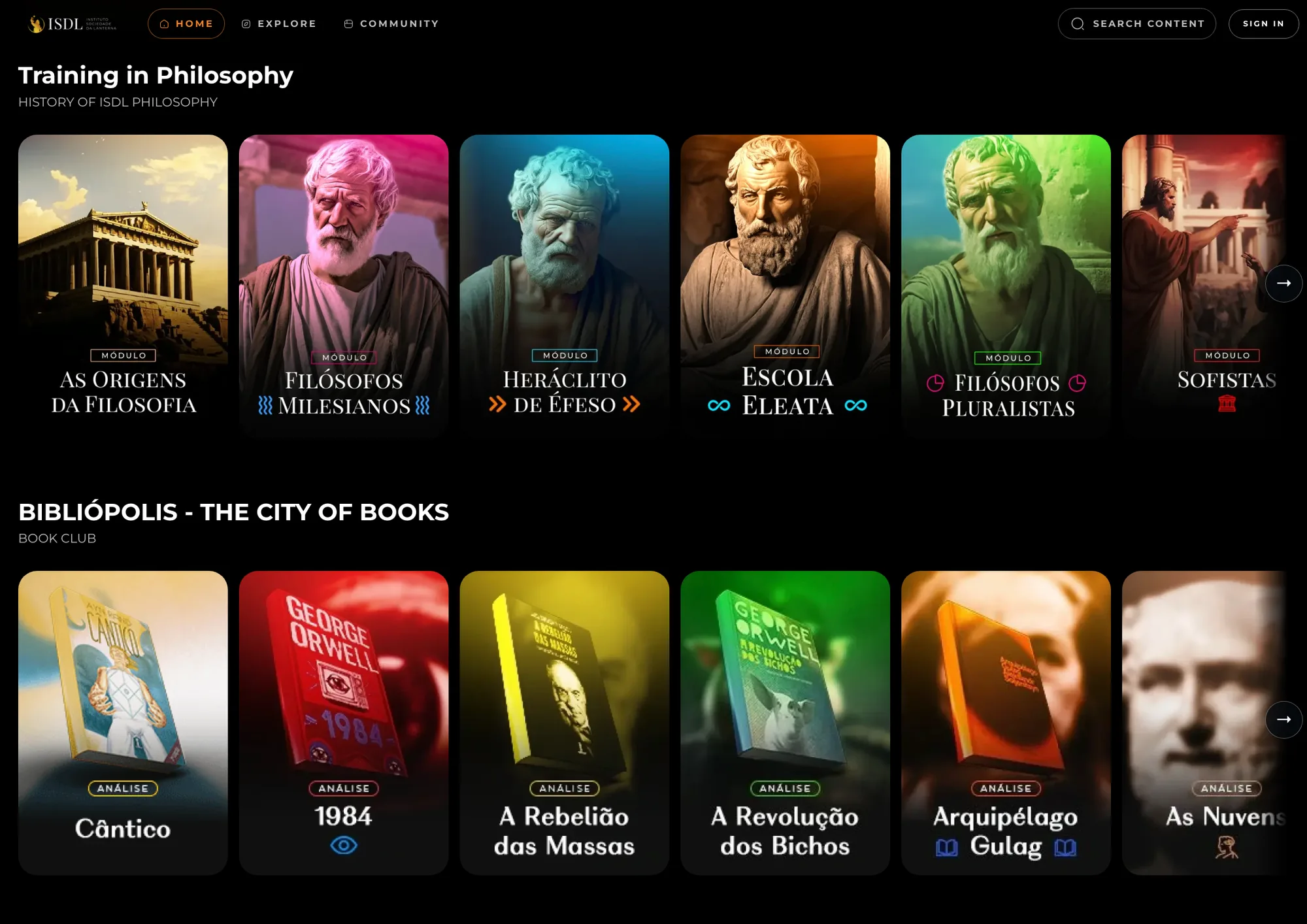 ISDL, a philosophy training platform built on Orbit — module cards and a book club row in a dark, fully branded web app